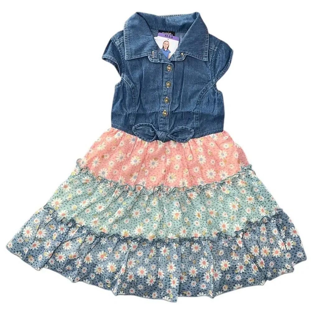 Zunie Girls Denim Daisy Floral Tiered Dress Size XS NWT